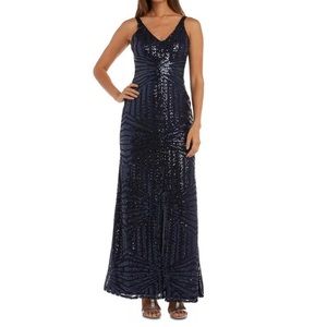 Nightway Sequin Evening Gown with Front Slit in Navy